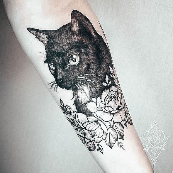 Artistic Black Cat Tattoo On Woman