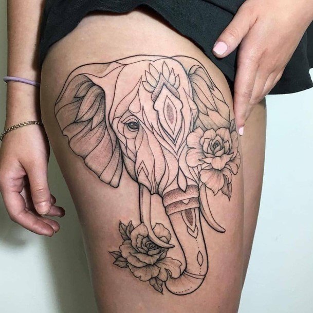 Artistic Black Elephant Tattoo Womens Thighs