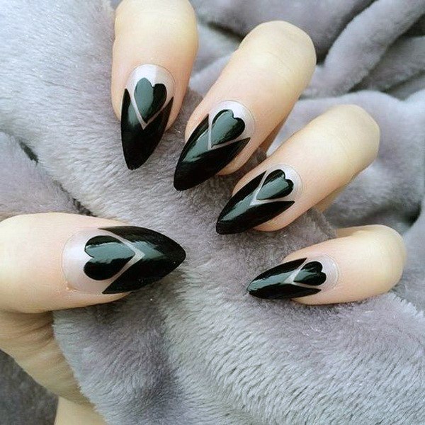 Artistic Black Heart Design On Nails Women