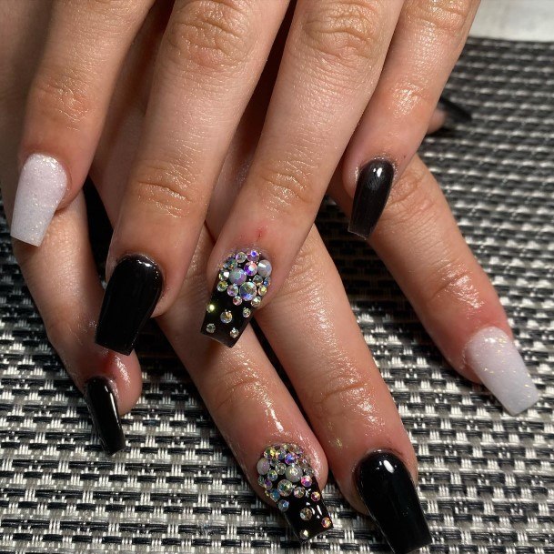 Artistic Black With Rhinestones Nail On Woman