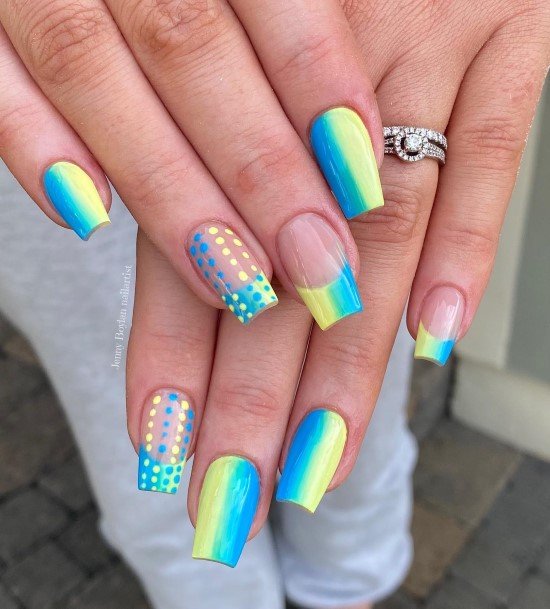 Artistic Blue And Yellow Nail On Woman