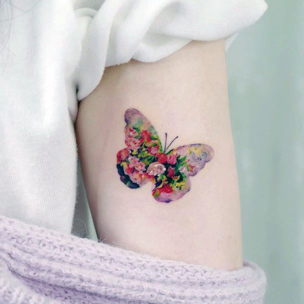 Artistic Butterfly Flower Tattoo On Woman