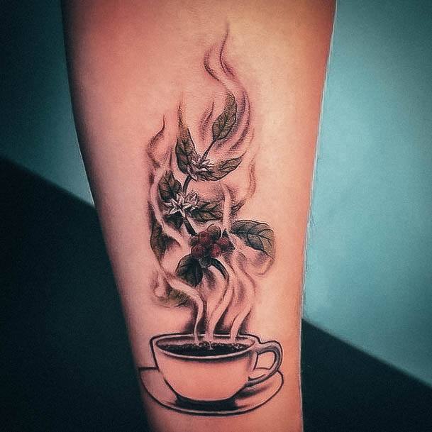 Artistic Coffee Mug Tattoo On Woman