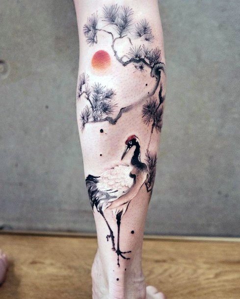 Artistic Crane Tattoo On Woman