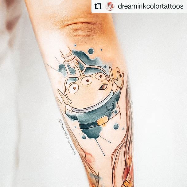 Artistic Disney Tattoo On Woman Toy Story Outer Forearm