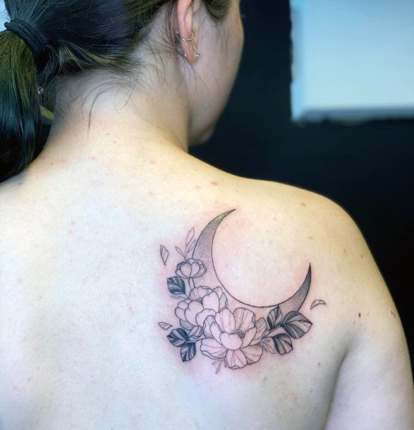 Artistic Flower Moon Tattoo On Woman