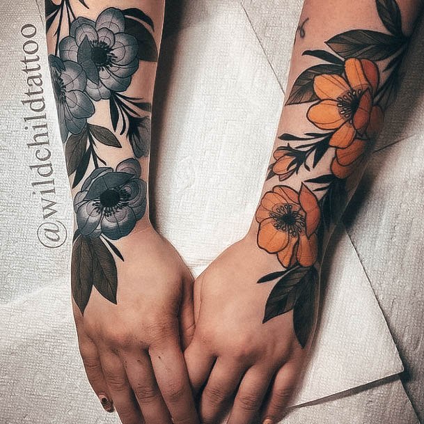 Artistic Flower Sleeve Tattoo On Woman