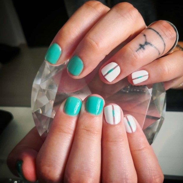 Artistic Green And White Nail On Woman