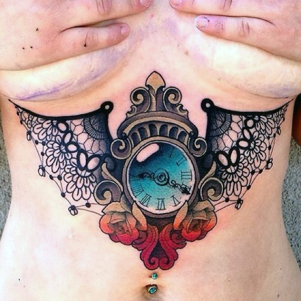 Artistic Icy Clock Tattoo Womens Torso