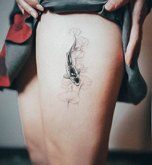 Artistic Koi Fish Tattoo On Woman Thighs