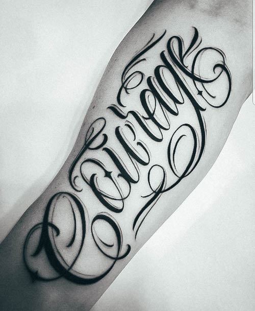 Artistic Lettering Tattoo On Woman Arm