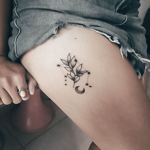 Artistic Libra Tattoo On Woman Thigh Tiny Small
