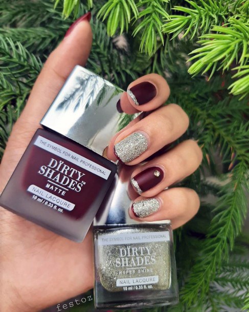 Artistic Maroon And Silver Nail On Woman