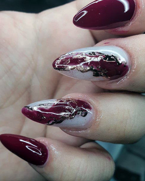 Artistic Maroon White Nail On Woman