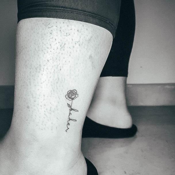 Artistic Name Tattoo On Woman Ankle Leg