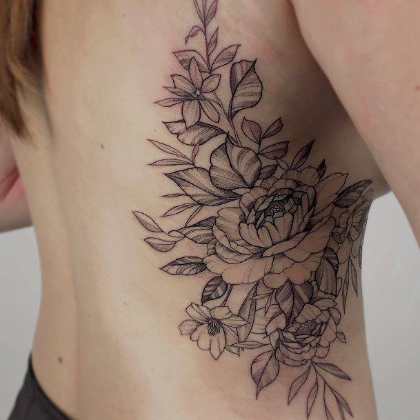 Artistic Peony Tattoo On Woman Rib Cage Side Of Body