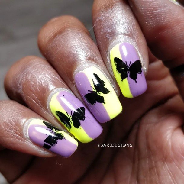 Artistic Purple And Yellow Nail On Woman