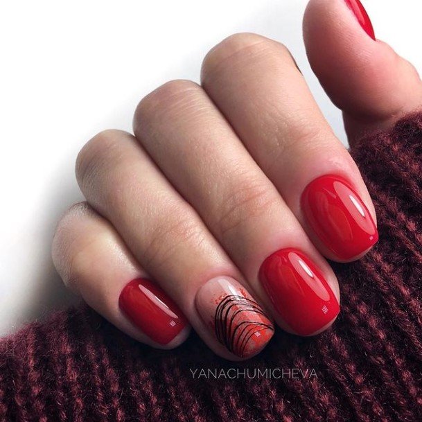 Artistic Red And Black Nail On Woman