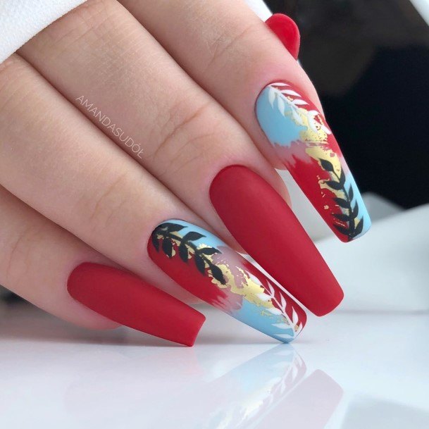 Artistic Red And Blue Nail On Woman