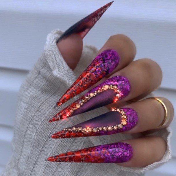 Artistic Red And Purple Nail On Woman