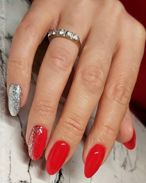 Artistic Red And Silver Nail On Woman