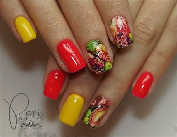 Artistic Red And Yellow Nail On Woman