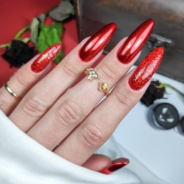 Artistic Red Glitter Nail On Woman