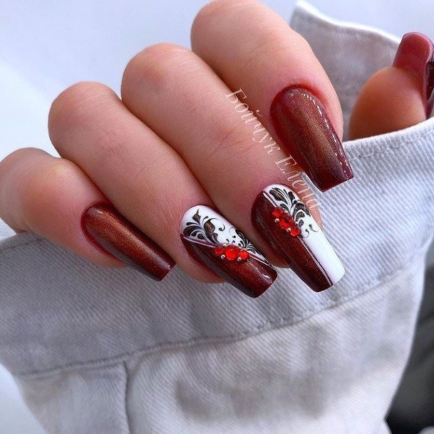 Artistic Red With Diamond Rhinestones Nail On Woman