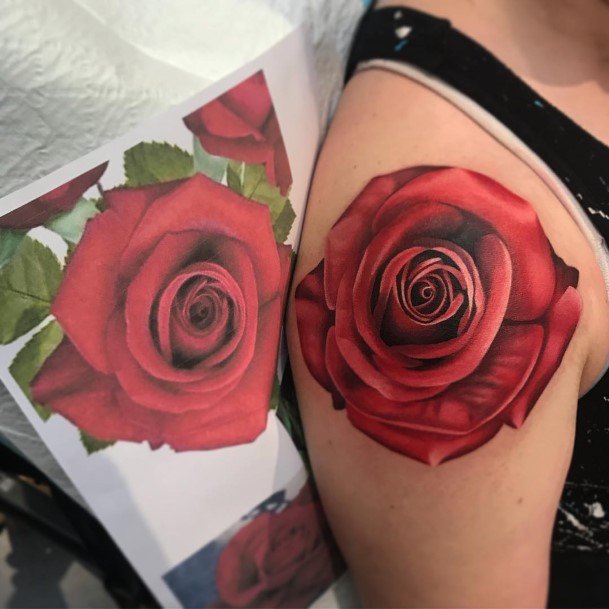 Artistic Rose Shoulder Tattoo On Woman