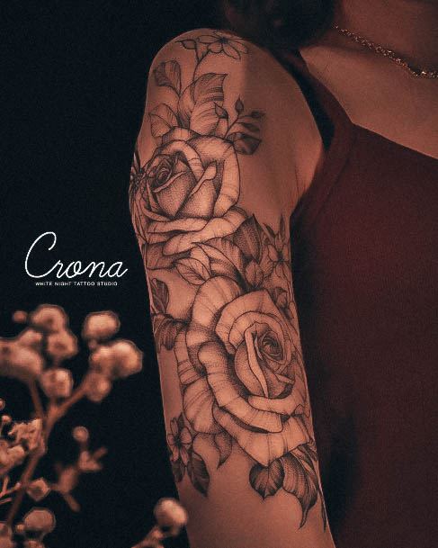 Artistic Rose Sleeve Tattoo On Woman