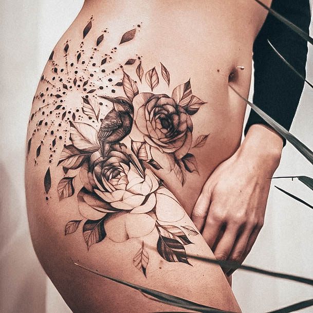 Artistic Rose Thigh Tattoo On Woman