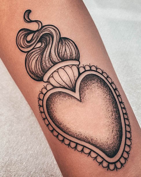 Artistic Sacred Heart Tattoo On Woman