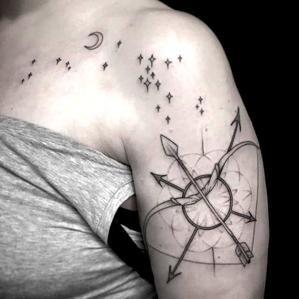 Artistic Sagittarius Tattoo On Woman Shoulder And Arm