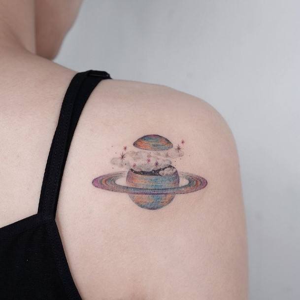 Artistic Saturn Tattoo On Woman