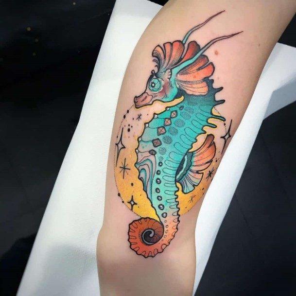 Artistic Seahorse Tattoo On Woman