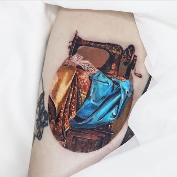 Artistic Sewing Machine Tattoo On Woman