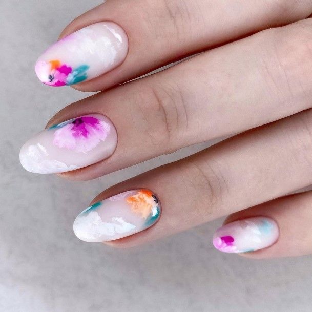 Artistic Short Pink And White Nail On Woman