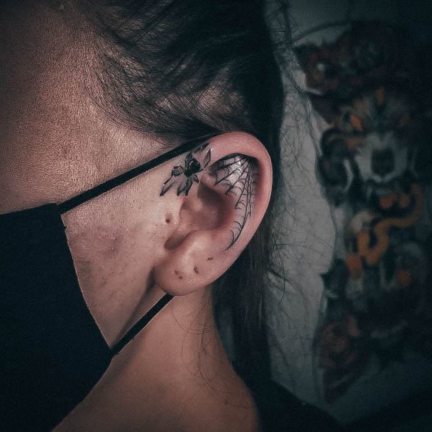 Artistic Small Spider Web Tattoo On Woman