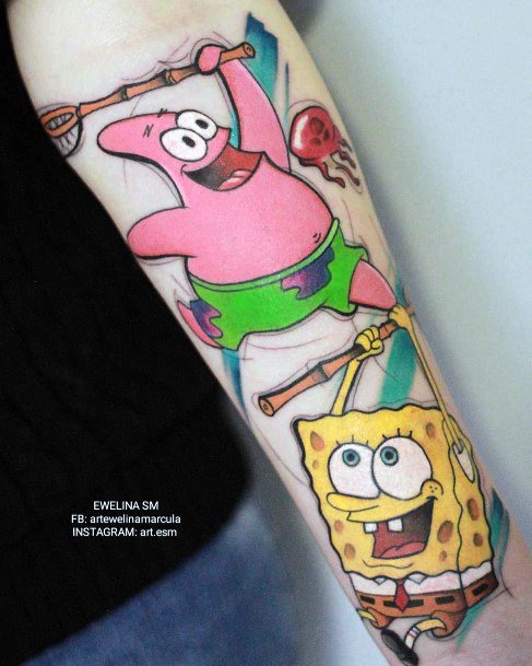 Artistic Spongebob Tattoo On Woman