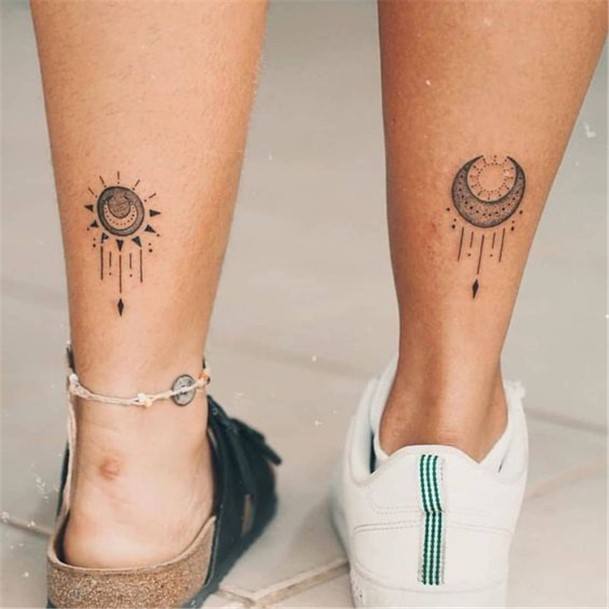 Artistic Sun And Moon Tattoo For Couples On Ankles
