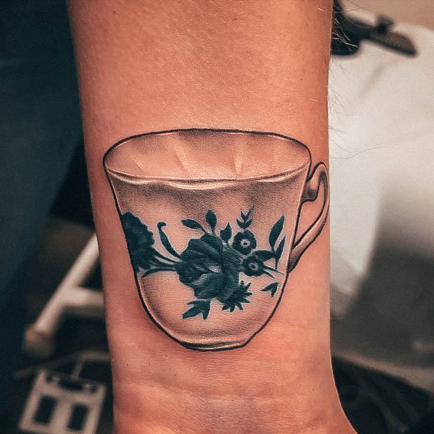 Artistic Tea Cup Tattoo On Woman