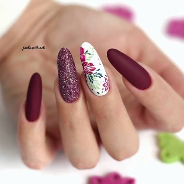 Artistic White With Flowers Nail On Woman