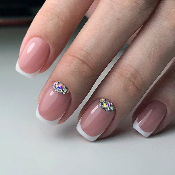 Artistic White With Rhinestones Nail On Woman