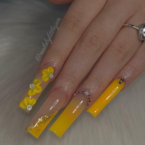 Artistic Yellow With Diamonds Nail On Woman