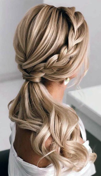 Ash Blonde Long Hair With Side Braid Into Low Ponytail