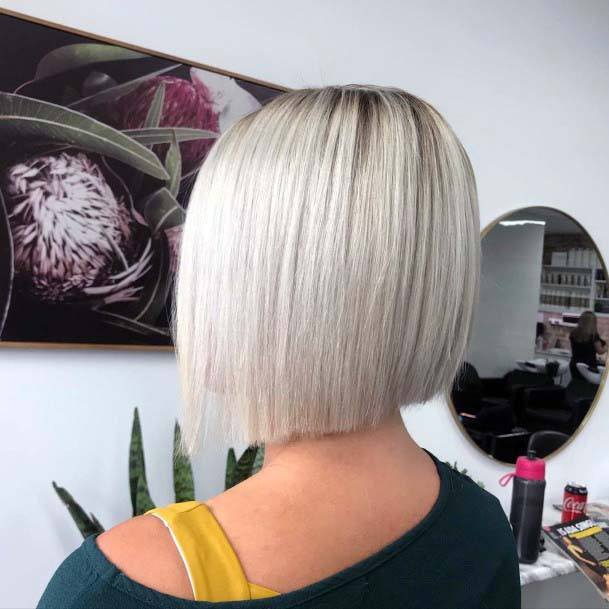 Ashy Angled Dark Rooted Platinum Blonde Highlighted Straight Womens Hairstyle