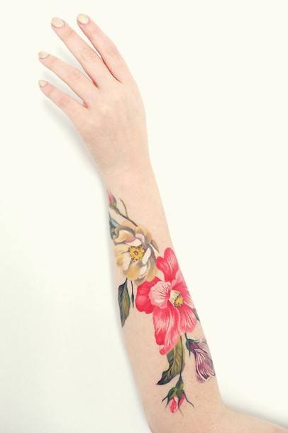 Assorted Flowers Tattoo Womens Forearms
