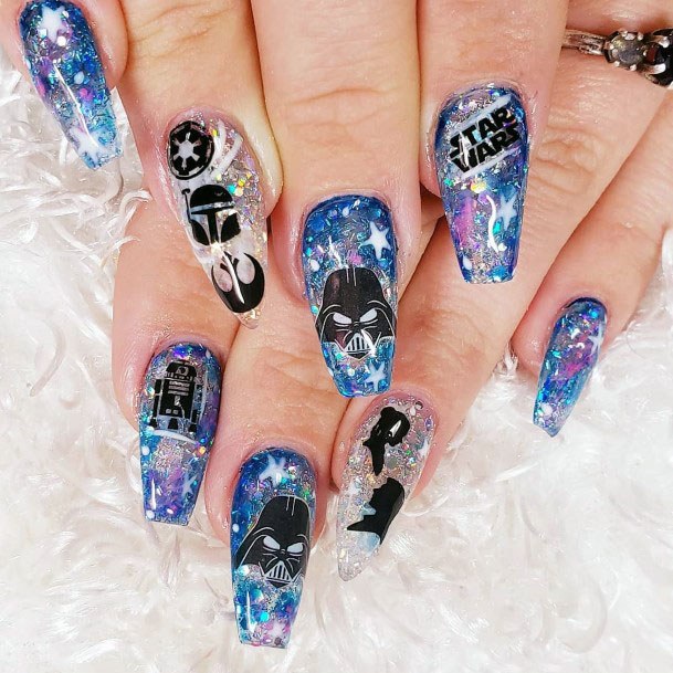 Astonishing Beautiful Star Wars Galaxy Black Blue Pink Darth Vadar Nail Art Design Inspiration For Girls