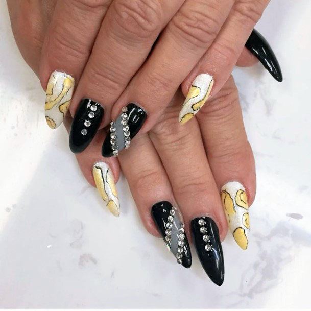 Astonishing Black Grey And White Gel Yellow Nail Design Jewels For Women