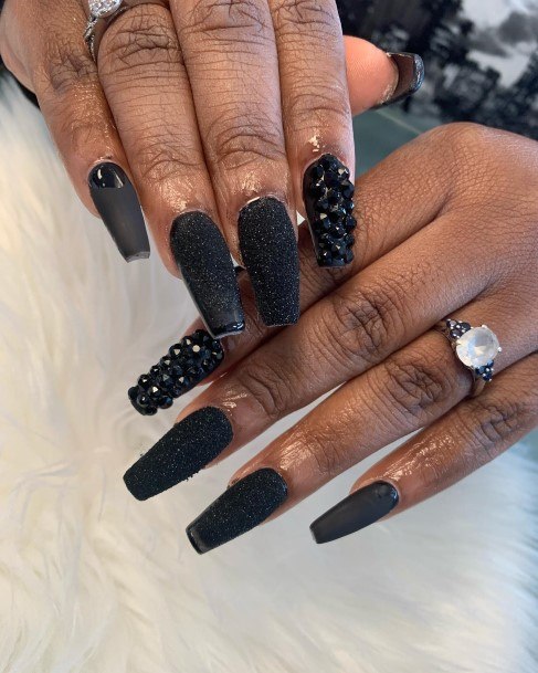 Astonishing Black With Rhinestones Nail For Girls